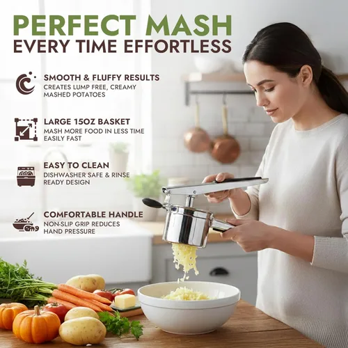 Miniatura 3 de Triturador de papas grande de 15oz con disco fijo - Triturador y ricer de patatas de acero inoxidable resistente para puré de patatas Exprimidor