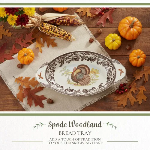 Miniatura 2 de Spode Woodland Bandeja de pan de pavo, plato de porcelana fina, borde floral con motivo de vida silvestre, horno a mesa, redonda de 15.27 x 7