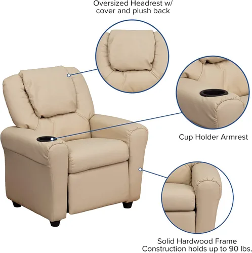 Miniatura 8 de EMMA + OLIVER Sillón reclinable infantil de vinilo beige con portavasos y reposacabezas