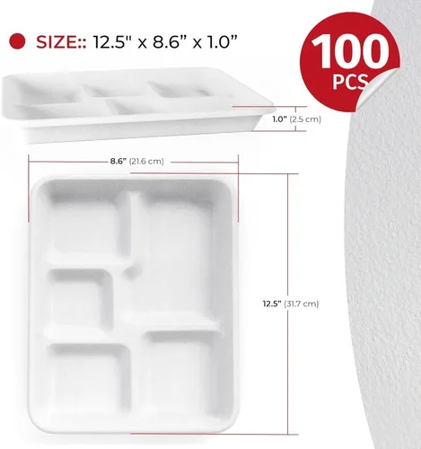 Miniatura 2 de SPARGOS Platos desechables de 5 compartimentos resistentes, paquete de 100 bandejas de almuerzo de caña de azúcar de 12.5 x 8.6 pulgadas
