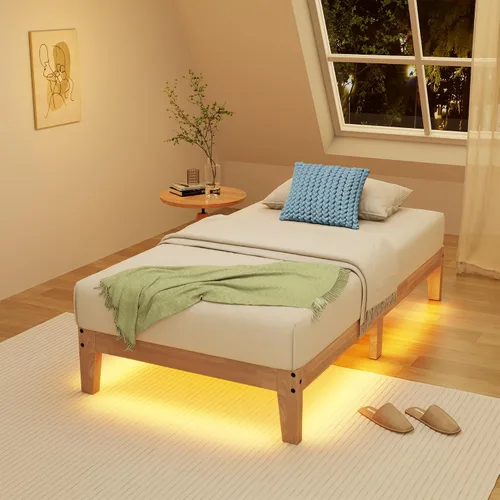 Miniatura 9 de Awesofurni Base de cama individual, plataforma de madera maciza de 12 pulgadas con listones de madera, marco de cama de madera con acabado natural