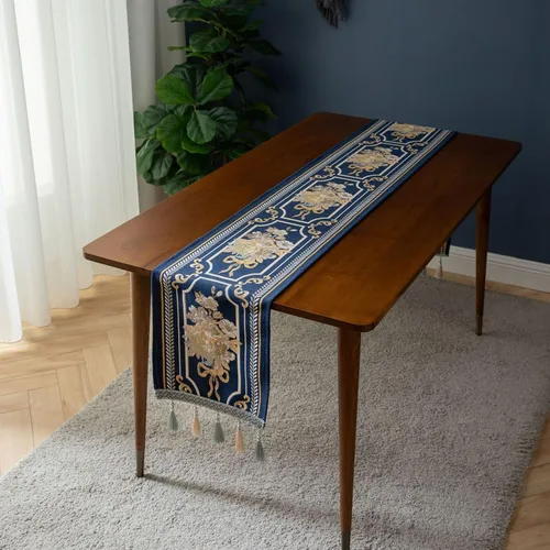 Miniatura 8 de Camino de mesa de lujo bordado, largo camino de mesa de comedor, elegante bufanda de jacquard con borlas múltiples para decoración de mesa