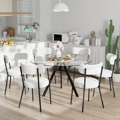 Miniatura 14 de Juego de mesa de comedor circular de vidrio de 39 pulgadas para 4, mesa de comedor redonda pequeña y 4 sillas tapizadas, moderno juego de mesa