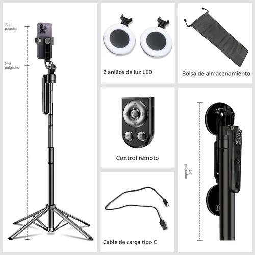 Miniatura 7 de Trípode para selfie stick de seguimiento automático de cara para iPhone con luz, soporte de trípode para cámara de teléfono de 70.9 pulgadas