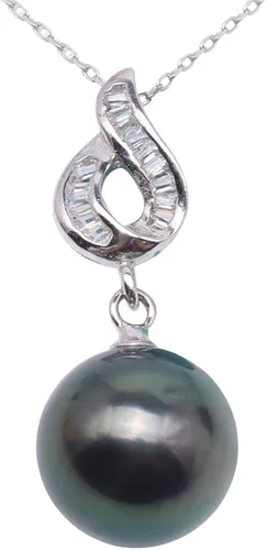 jyx plata de ley 11,5mm. negro perlas cultivadas de Tahití colgante collar punteado con brillante zirocns