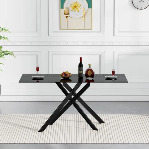 Miniatura 3 de Mesa de comedor de vidrio negro de 51.2 pulgadas para 4, mesa rectangular de comedor de cocina para 4, mesa rectangular de vidrio templado de 0.32