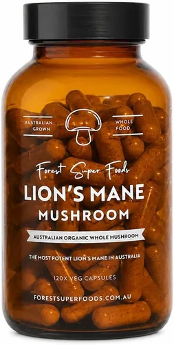 Forest Super Foods Cápsulas de hongos melena de león cultivados en Australia, concentración, memoria y apoyo nervioso, 120 cápsulas veganas