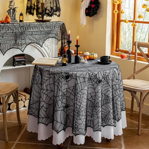 Joyfol Day Mantel de tela de araña de Halloween, mantel redondo de encaje negro de 70 pulgadas, mantel lavable y espeluznante, mesas de telaraña,