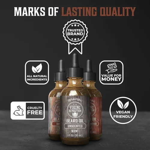 Miniatura 5 de Viking Revolution Aceite para barba para hombres, paquete de 3 – Aceite natural para barba para hombre, juego variado Set 2 – aromas de sándalo, sin