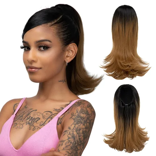 Miniatura 14 de Extensión de cabello corto negro con cordón para mujeres negras, cola de caballo recta de 14 pulgadas con rizos finales, postizos sintéticos