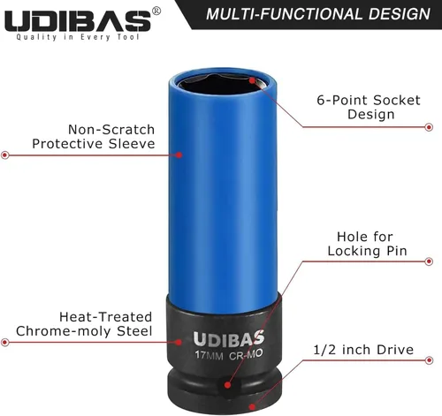 Miniatura 3 de Llave de tuerca de impacto de 17 mm de 1/2 pulgada, profunda, métrica, con fundas protectoras y material CR-MO de alta resistencia que no deja marcas