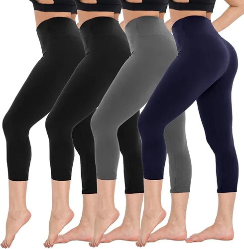 Paquete de 4 leggings capri para mujer, pantalones capri de cintura alta, control de abdomen, pantalones de yoga con bolsillos, mallas de ciclismo
