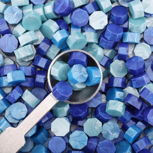 Miniatura 2 de Yoption 300 cuentas de cera selladora de mezcla azul, cuentas octágonas vintage con 4 velas y 2 cucharas de fusión para sello (mezcla azul)