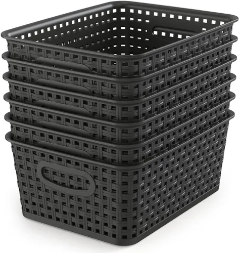 WYT Cesta organizadora de almacenamiento tejida, paquete de 6 cestas de tejido de plástico negro, 10.1 x 7.55 x 4.1 pulgadas