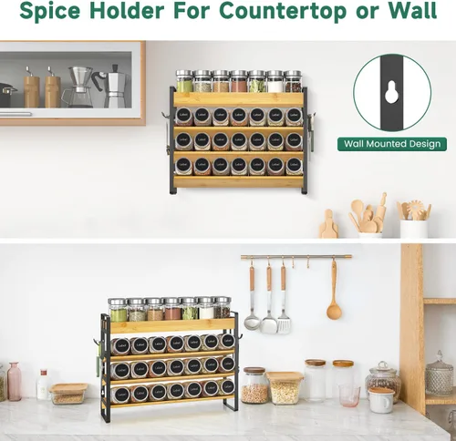 Miniatura 6 de EsLuker.ly Organizador de condimentos para especias para encimera de cocina, 4 niveles de bambú para especias con 4 ganchos, soporte independiente