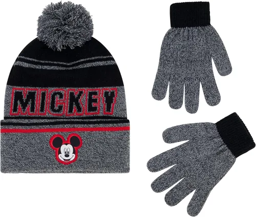 Concept One Disney - Conjunto de gorro y guantes de Mickey Mouse, gorro de invierno de punto con puños para niños con pompón y guantes a juego,
