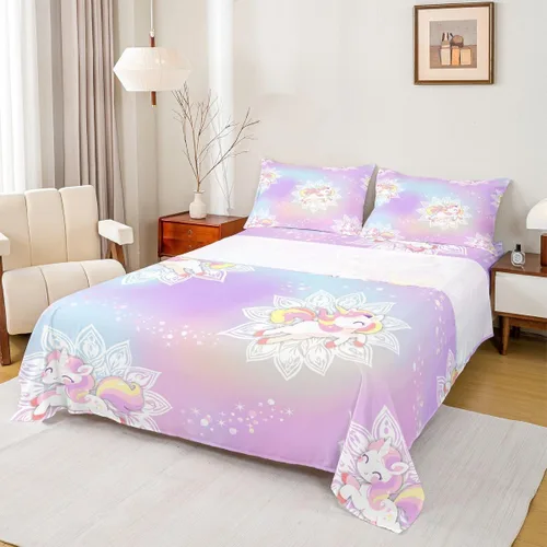 Miniatura 44 de Juego de sábana bajera ajustable de teñido anudado para niñas, juego de ropa de cama con diseño de arco iris degradado de arcoíris, lindo juego