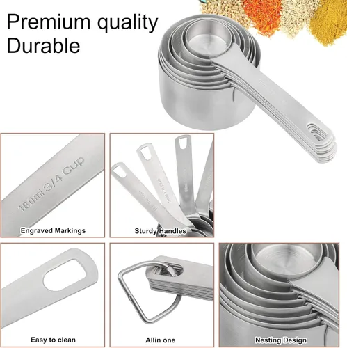 Miniatura 3 de Juego de Tazas Medidoras Hotsyang, Tazas Medidoras de Acero Inoxidable 18/8 para Seco y Líquido, Tazas de Medición de Metal con Tabla de Conversión