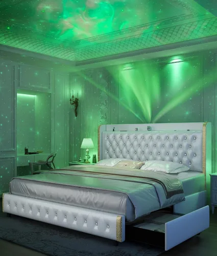 Miniatura 11 de GEGOFORU Base de cama Queen con luces LED y proyector de galaxia, moderna plataforma con respaldo alado con 4 cajones de almacenamiento, puertos