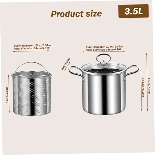 Miniatura 7 de Olla para freír con cesta, olla de 3.5 litros de acero inoxidable pequeña freidora profunda con mango antiquemaduras olla de pescado y cesta