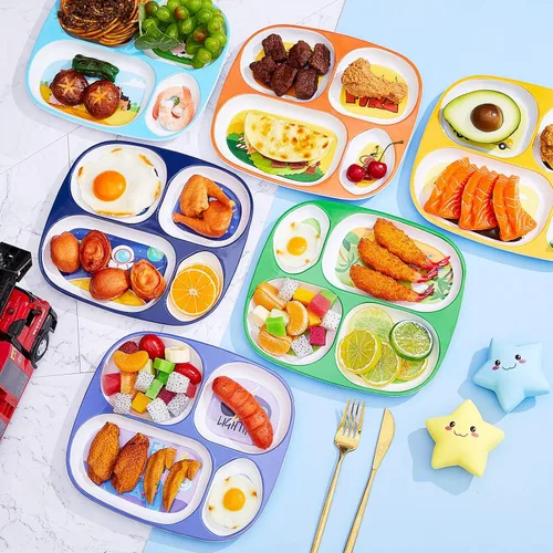 Miniatura 4 de Hushee 6 platos para niños de 9.4 x 8.2 pulgadas para la cena, lindos platos divididos para niños y niñas, platos divertidos de plástico para servir