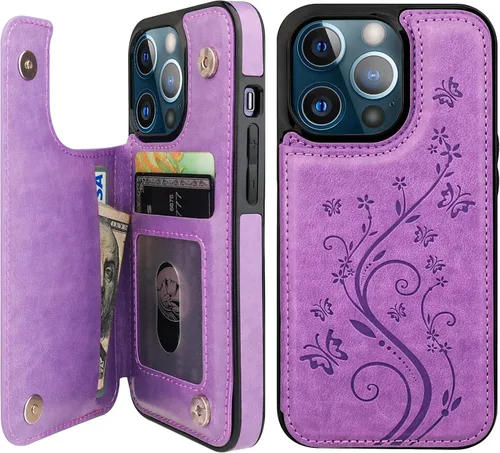 Vaburs Funda compatible con iPhone 13 Pro con tarjetero y diseño de mariposa en relieve, de piel sintética, doble botón, a prueba de golpes, para