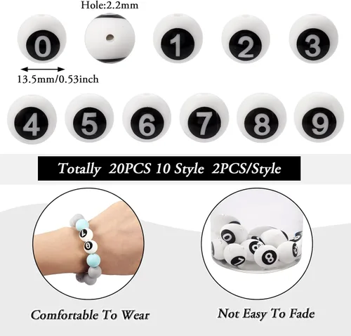 Miniatura 2 de Craftdady 20 cuentas de números de silicona de 0.531 in, números blancos y negros, 0-9, cuentas focales redondas para bolígrafos, manualidades