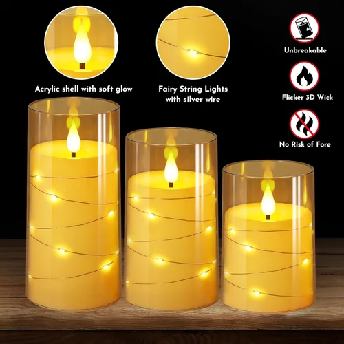 Miniatura 2 de NURADA Velas Parpadeantes Sin Llama: Velas LED de Pilar de Acrílico con Luces de Cadena de Estrellas Integradas Operadas por Batería con Control