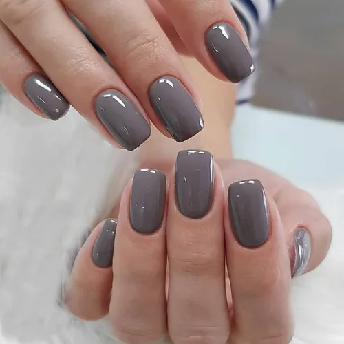 Uñas postizas cuadradas a presión, uñas postizas cortas, uñas acrílicas de color gris con diseño de color sólido, uñas postizas de cobertura