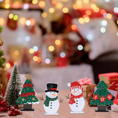 Miniatura 8 de DECSPAS Decoraciones navideñas para interiores, 4 piezas de árboles de Navidad de madera y muñecos de nieve para decoración de mesa de centro