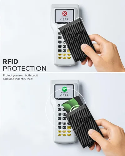 Miniatura 5 de VULKIT Cartera desplegable para tarjetas de crédito con ranuras de cuero adicionales con bloqueo RFID, funda delgada de metal para tarjetas, Carbon