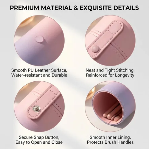 Miniatura 3 de VASANA Organizador de brochas de maquillaje de piel sintética rosa con tapa, herramientas de maquillaje portátiles, estuche organizador de gran