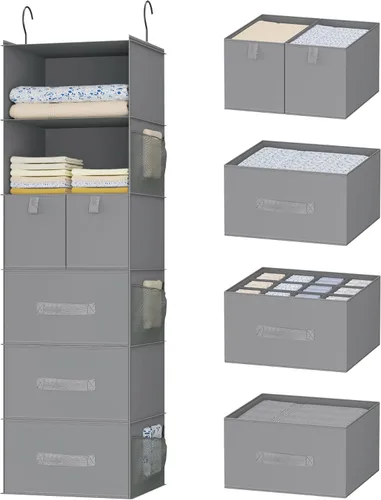 Organizador colgante de armario con 6 estantes con 5 cajones diferentes, organizadores de armario plegables y almacenamiento para armario, armario y
