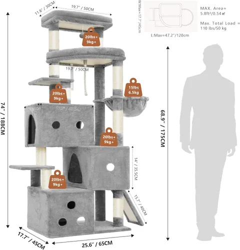 Miniatura 7 de Heybly Árbol para gatos, torre aerodinámica de 74 pulgadas para gatos grandes con condominios apilados de 3 niveles, muebles para gatos con percha