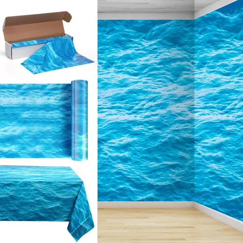 Irenare 1 rollo de mantel de plástico con diseño de olas del océano de 54 pulgadas x 100 pies, cubierta de mesa con estampado de agua, mantel de mar