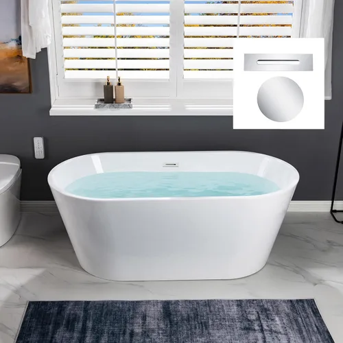 WOODBRIDGE Bañera independiente de acrílico de 59 "bañera contemporánea de remojo blanco con desbordamiento y drenaje de cromo, B0014-CH Cromado