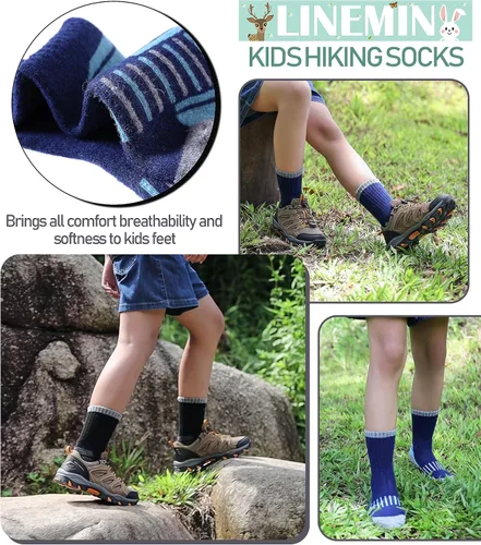 Miniatura 3 de LINEMIN Calcetines de senderismo de lana merino para niños y niñas, cálidos, gruesos, térmicos, acolchados, para invierno, 6 pares