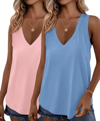 Miniatura 22 de KKJ Paquete de 2 camisetas sin mangas para mujer, cuello en V, camisetas de verano sin mangas, ajuste holgado, casual, trajes de vacaciones, camisas