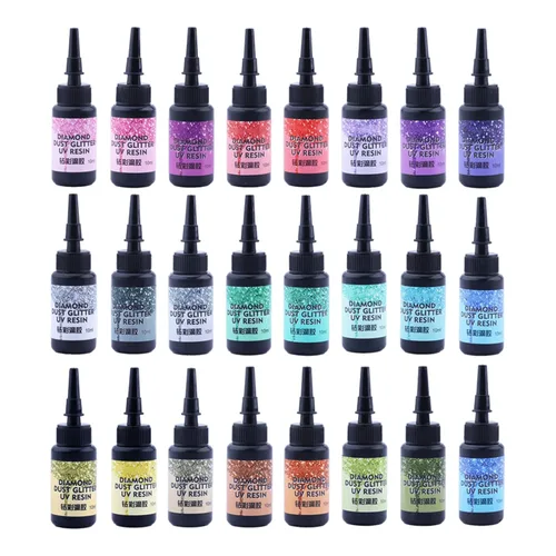 Brillo de diamante de resina UV de color sin olor, 24 colores, pegamento de resina de curado ultravioleta D24 para pequeños moldes de resina UV,