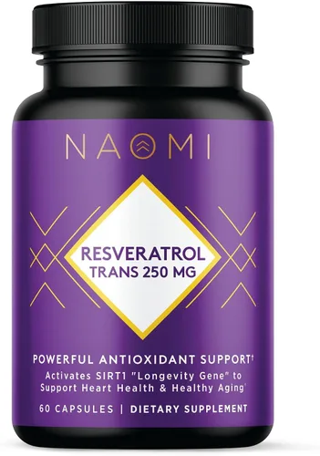 NAOMI Resveratrol orgánico 250 mg, sin OMG, sin gluten, suplemento antioxidante vegano, apoya la salud cardiovascular y celular, envejecimiento