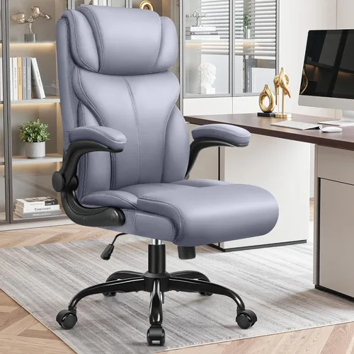 Miniatura 9 de Primy Silla de oficina, silla de escritorio ergonómica de cuero con reposabrazos abatibles, respaldo alto grande y alto, silla ejecutiva para Negro