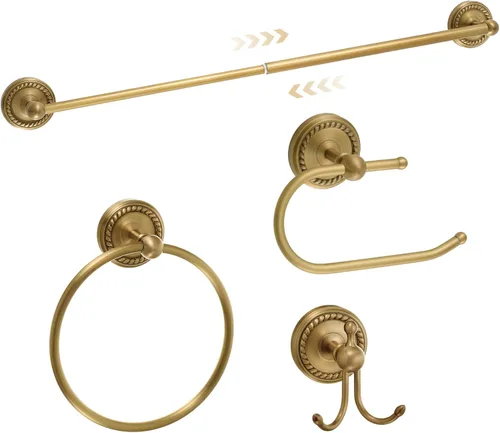 Miniatura 14 de Juego de 4 piezas de accesorios de baño de latón antiguo dorado, juego de toallero montado en la pared y anillo para toallas y soporte para papel