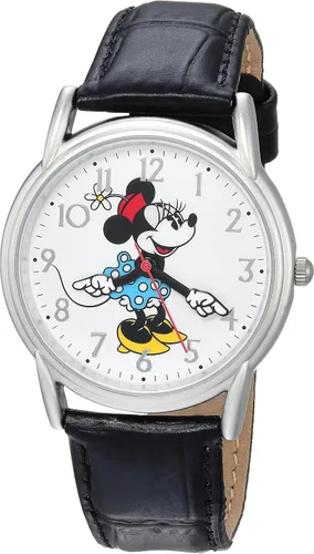Disney Minnie Mouse - Reloj clásico con correa de cuero de cuarzo para adultos, manos articuladas, analógico, Negro
