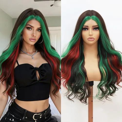 Miniatura 12 de Pelucas sintéticas de encaje frontal verde y negro, pelucas sintéticas de onda larga para mujer, 26 pulgadas (3/4 verde y 1/4 negro)