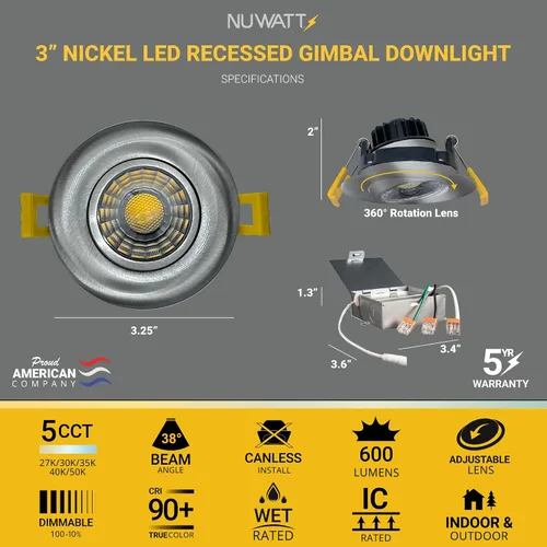 Miniatura 2 de NUWATT Foco empotrable con cardán LED de 3 pulgadas, paquete de 4, luz LED todo en 1 sin lata con 5 interruptores de color CCT 2700K - 5000K, 8W