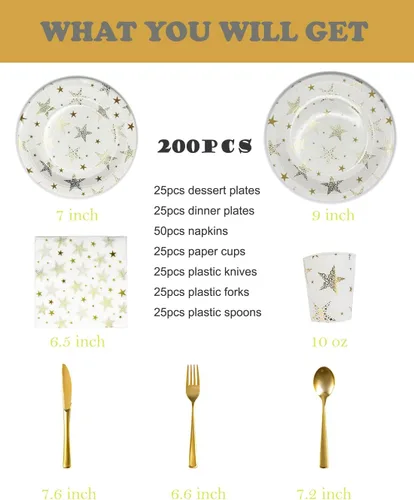 Miniatura 2 de CONRADY - Juego de vajilla desechable de 200 piezas de estrella dorada, 25 platos de papel, platos de postre, vasos de papel, cubiertos de plástico