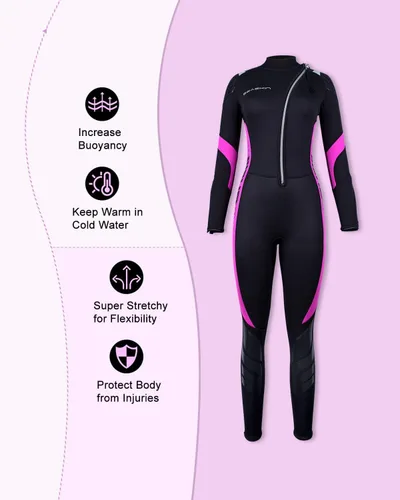 Miniatura 2 de Seaskin Trajes de neopreno para hombres y mujeres de 3 mm con cremallera frontal, traje de neopreno completo Mujeres Negro+Fucsia