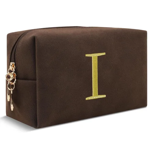 Miniatura 227 de Pequeña bolsa de maquillaje personalizada con inicial A-Z Preppy Patch, bolsa de cosméticos de viaje de felpilla blanca con cremallera, bonita bolsa
