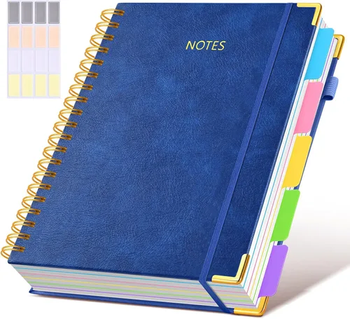 Miniatura 45 de Cuaderno universitario de espiral con tapa dura de cuero de 8 x 10 pulgadas, con pestañas separadoras extraíbles, para 5 materias, a rayas; diario