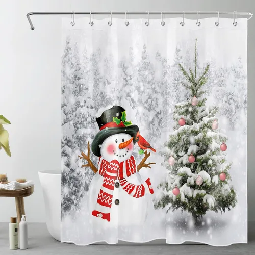 Miniatura 10 de Christmas Snowman Shower Curtain for Bathroom Cardinals and Xmas Tree with Xmas Ball on Snowfield Bathroom Shower Curtains with Hooks, Winter Forest